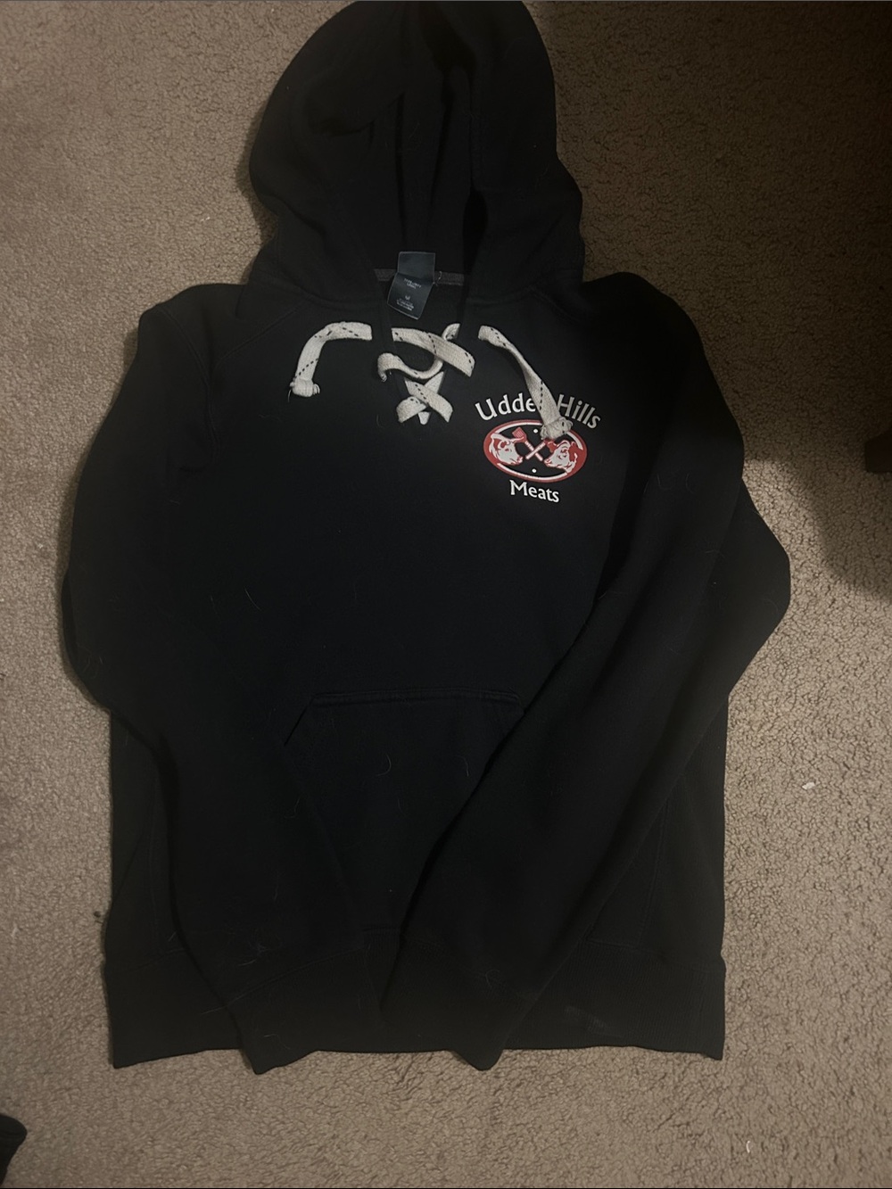 Abercrombie & Fitch Black Hoodie with White Lace-Up Ties and Red Logo